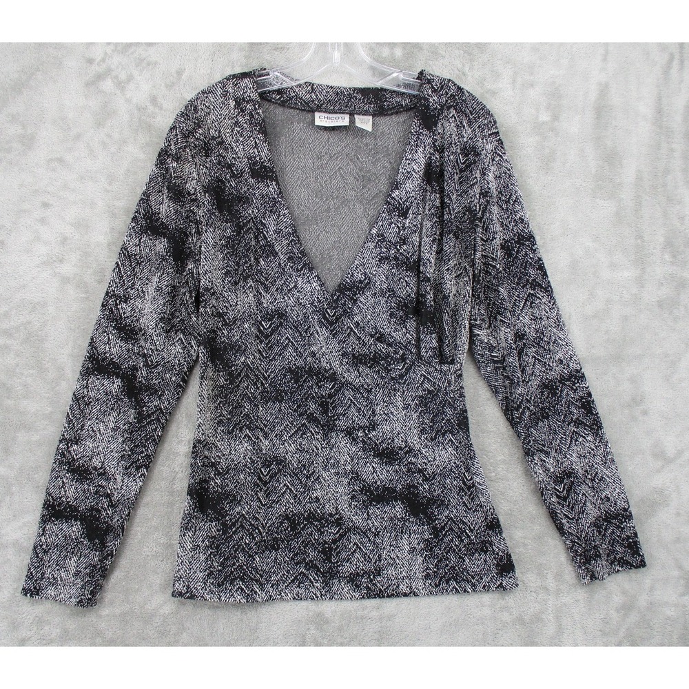 Chicos Top Womens Size 2 L Travelers Slinky Knit Surplus Stretch Casual Abstract